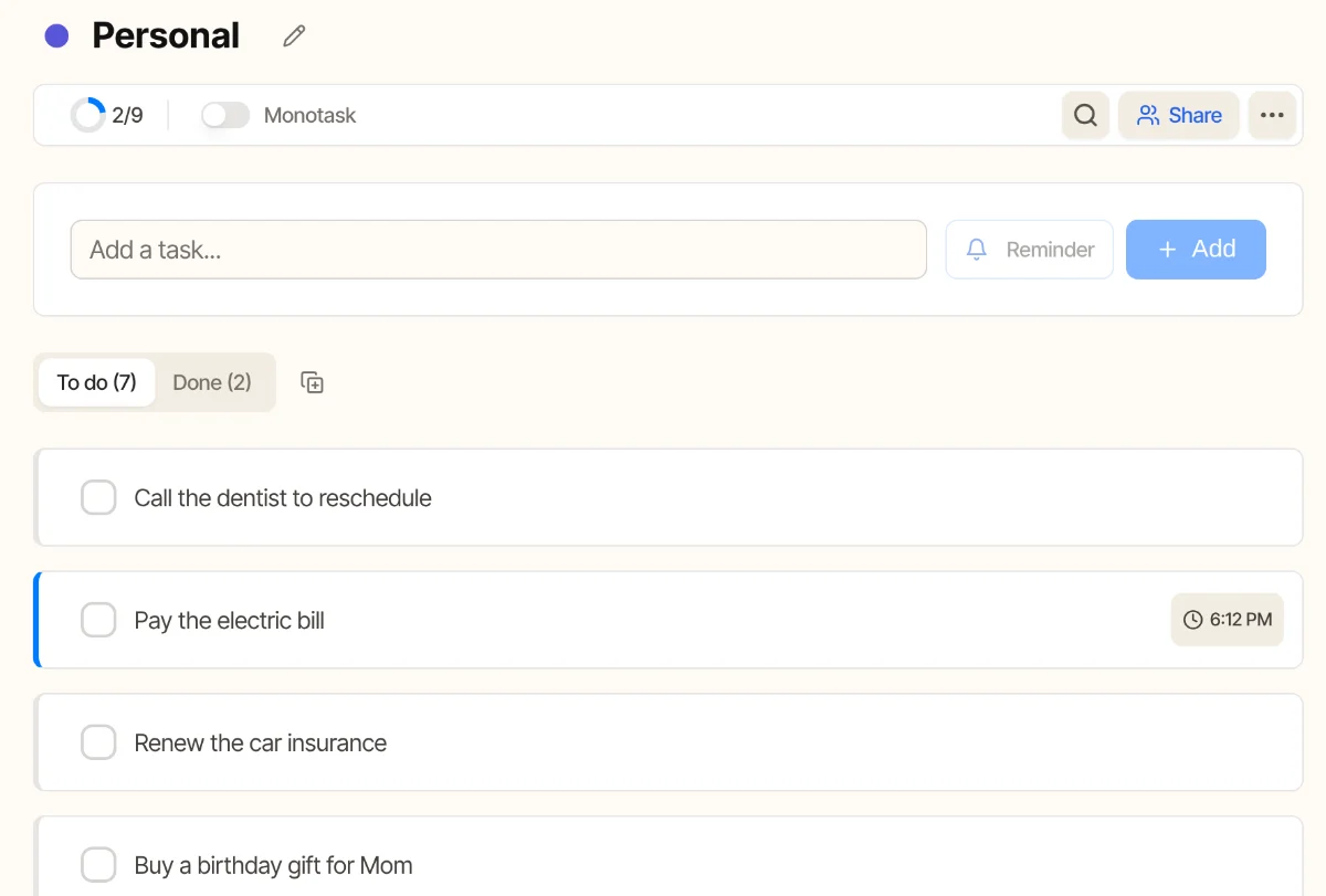A Personal list in Todonex with seven tasks to do, all visible at once.
