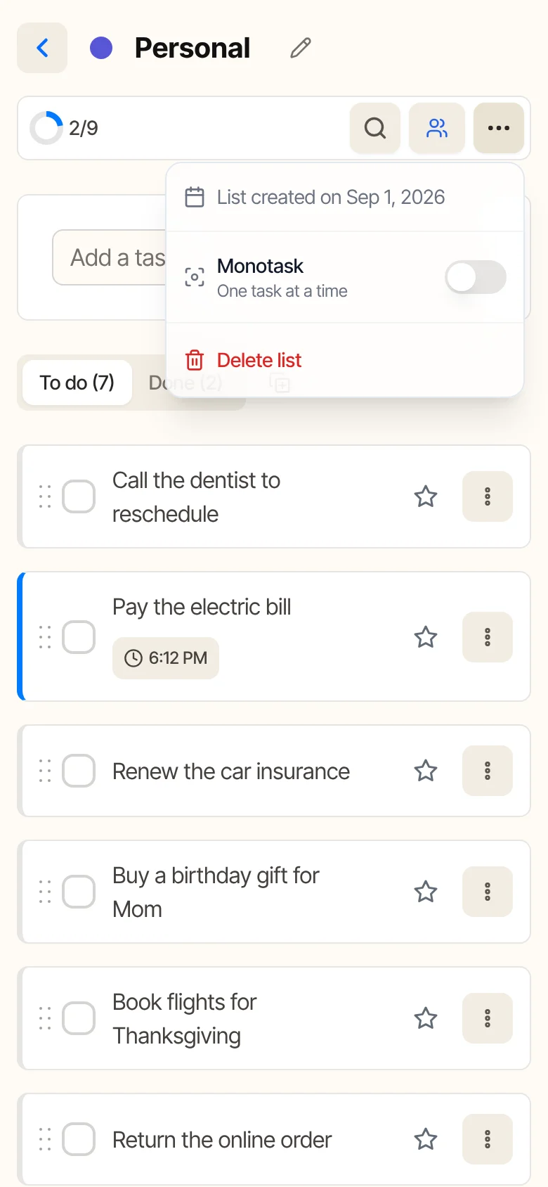 On the phone, the list's ⋯ menu shows the Monotask option: one task at a time.