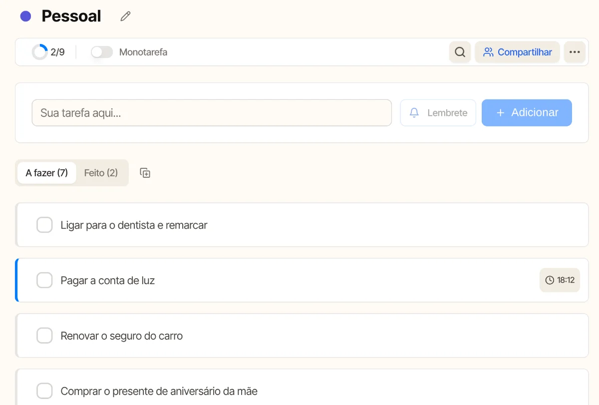 Uma lista Pessoal no Todonex com sete tarefas a fazer, todas à vista ao mesmo tempo.