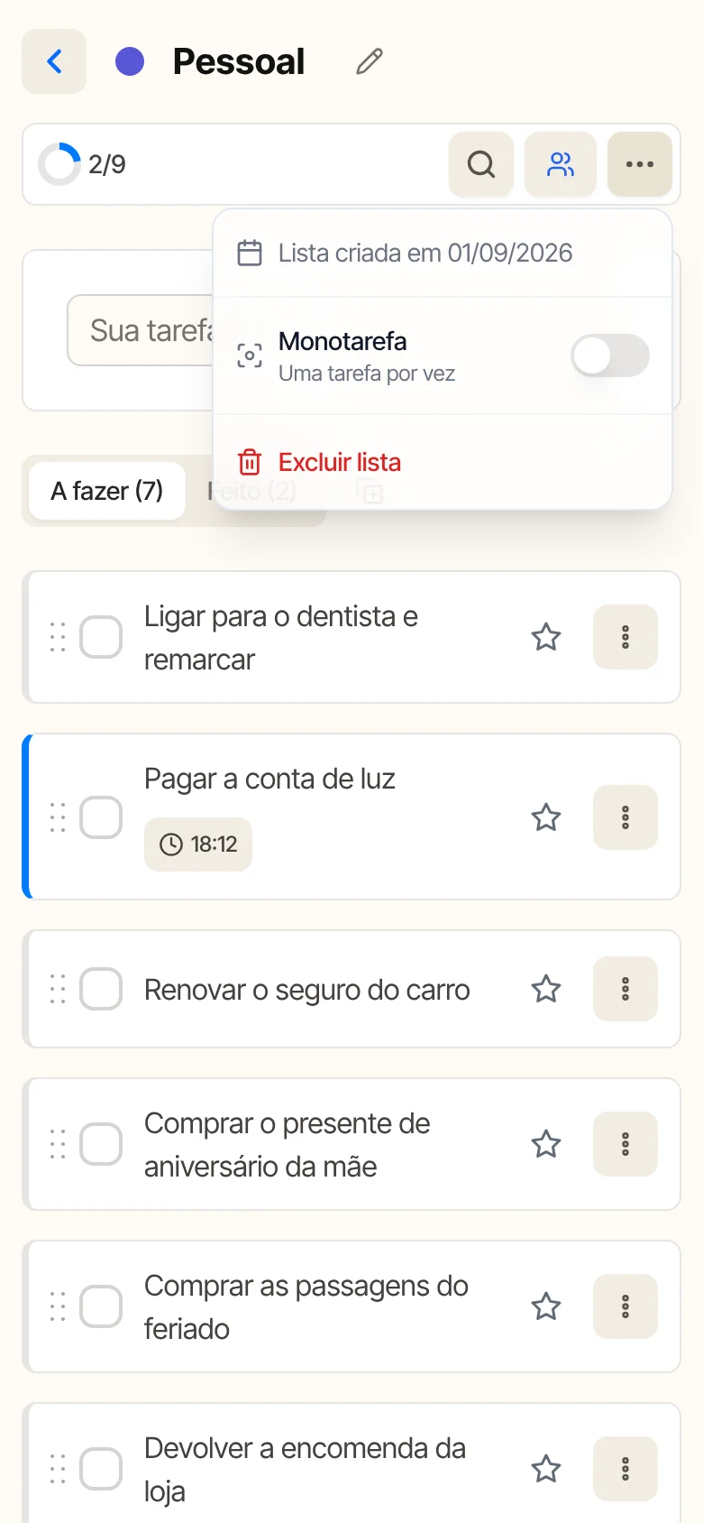 No celular, o menu ⋯ da lista mostra a opção Monotarefa: uma tarefa por vez.