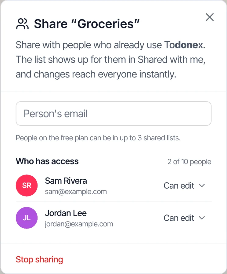 On the phone, the Share window lists the two people with access and their permissions.