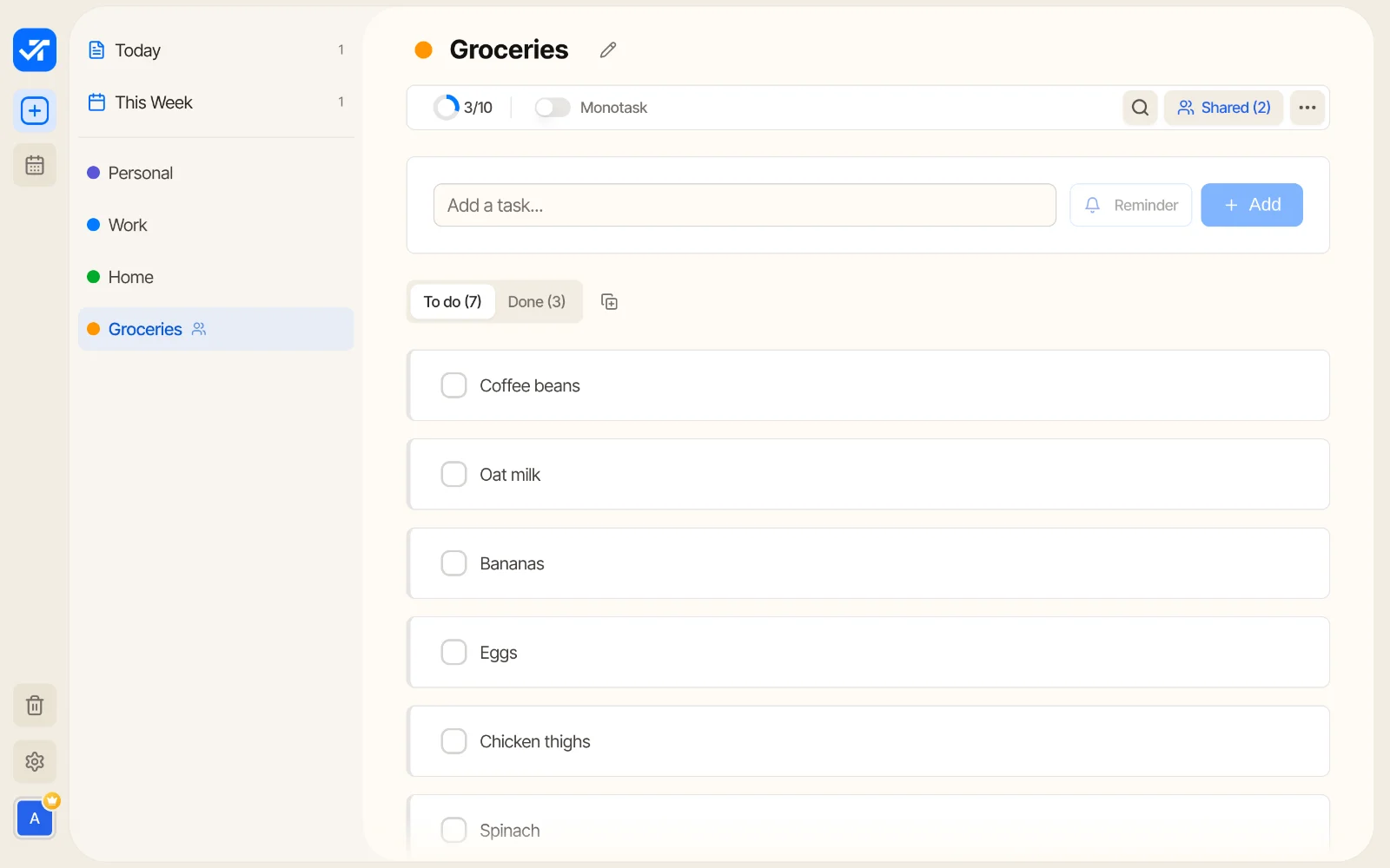 Todonex with the Groceries list open, marked as Shared (2) at the top and with the people icon in the sidebar.