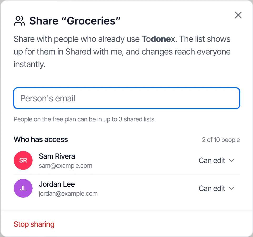 The Share “Groceries” window in Todonex, with Sam Rivera and Jordan Lee under Who has access, both with the Can edit permission.