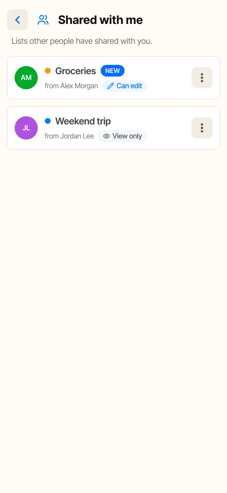 The Shared with me screen of the person who received the list: Groceries, from Alex Morgan, marked as new, with Can edit.