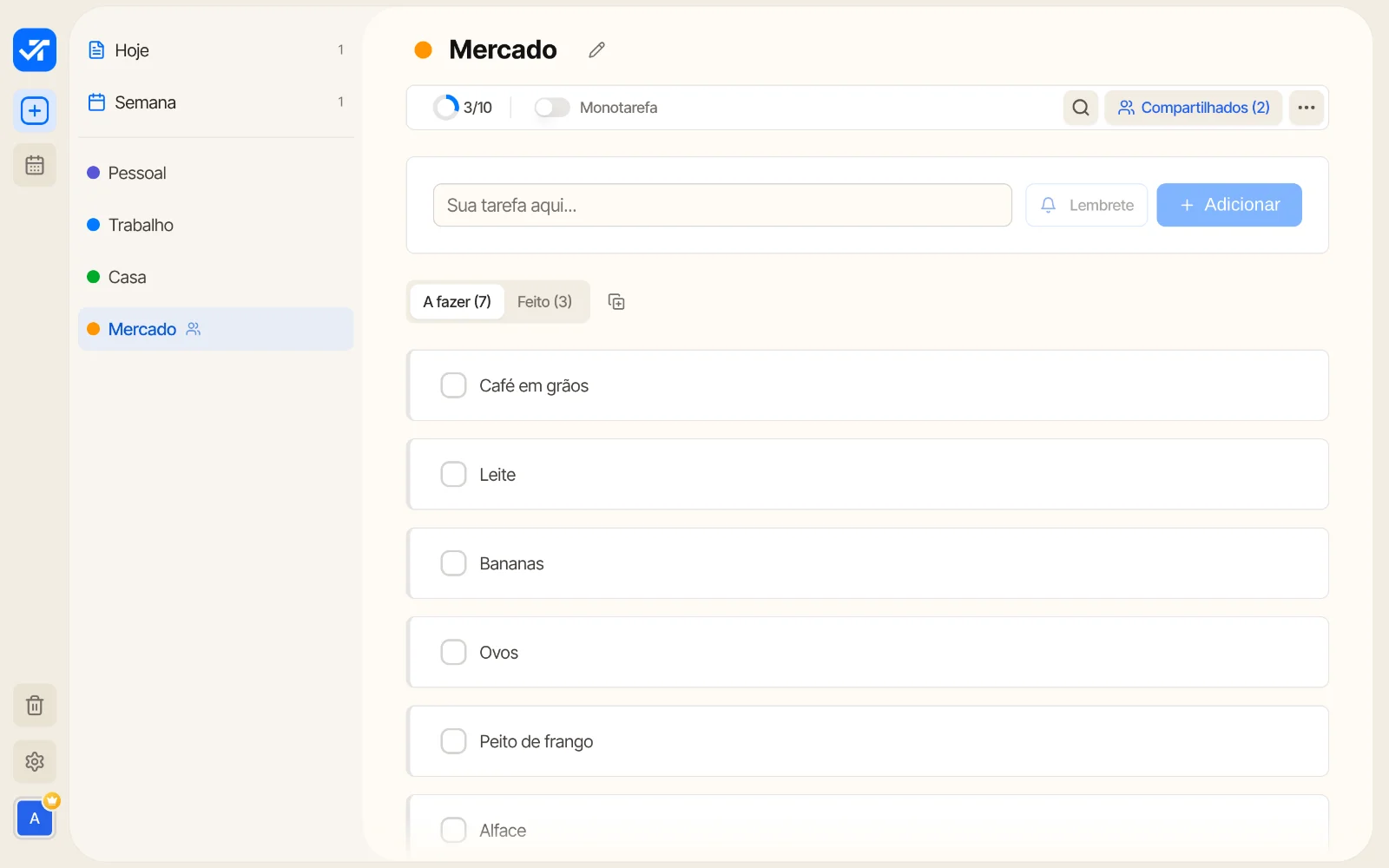 Todonex com a lista Mercado aberta, marcada como Compartilhados (2) no topo e com o ícone de pessoas na barra lateral.