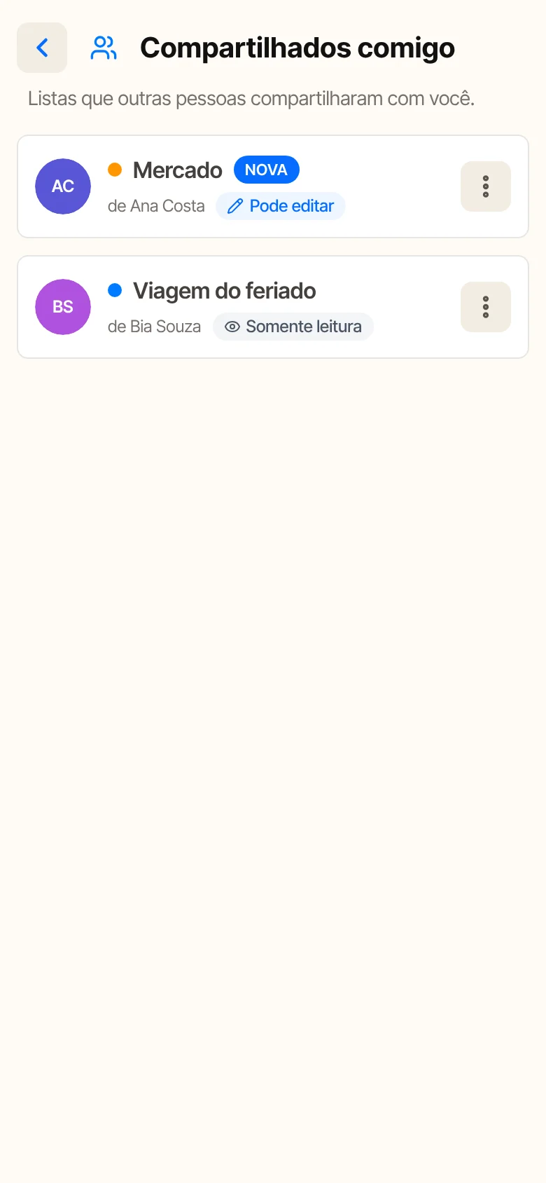 A tela Compartilhados comigo de quem recebeu a lista: Mercado, de Ana Costa, marcada como nova, com Pode editar.