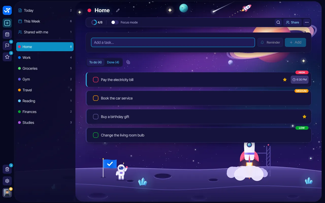 Todonex on a computer, in the Space theme