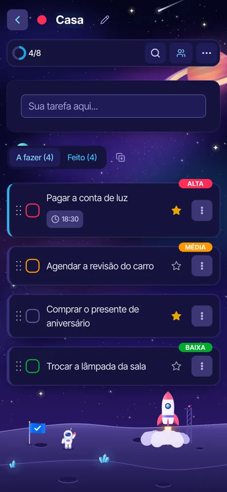 O Todonex no celular, com o tema Espaço